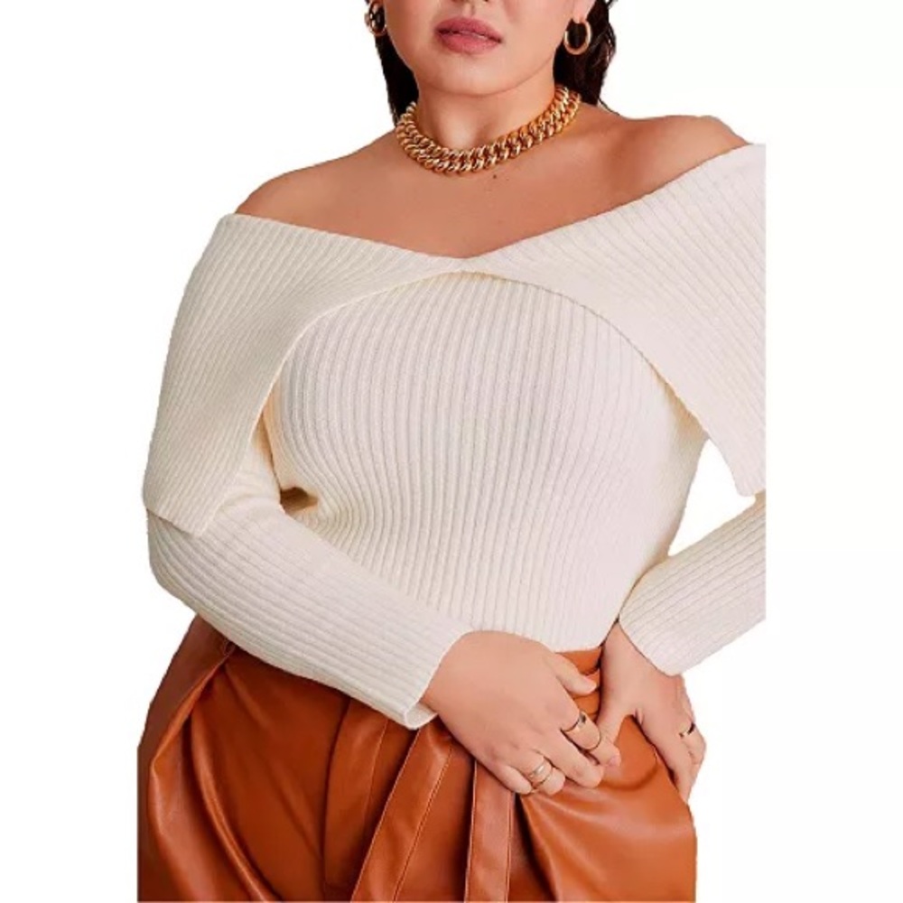 ELOQUII Women's Ribbed Off The Shoulder Sweater